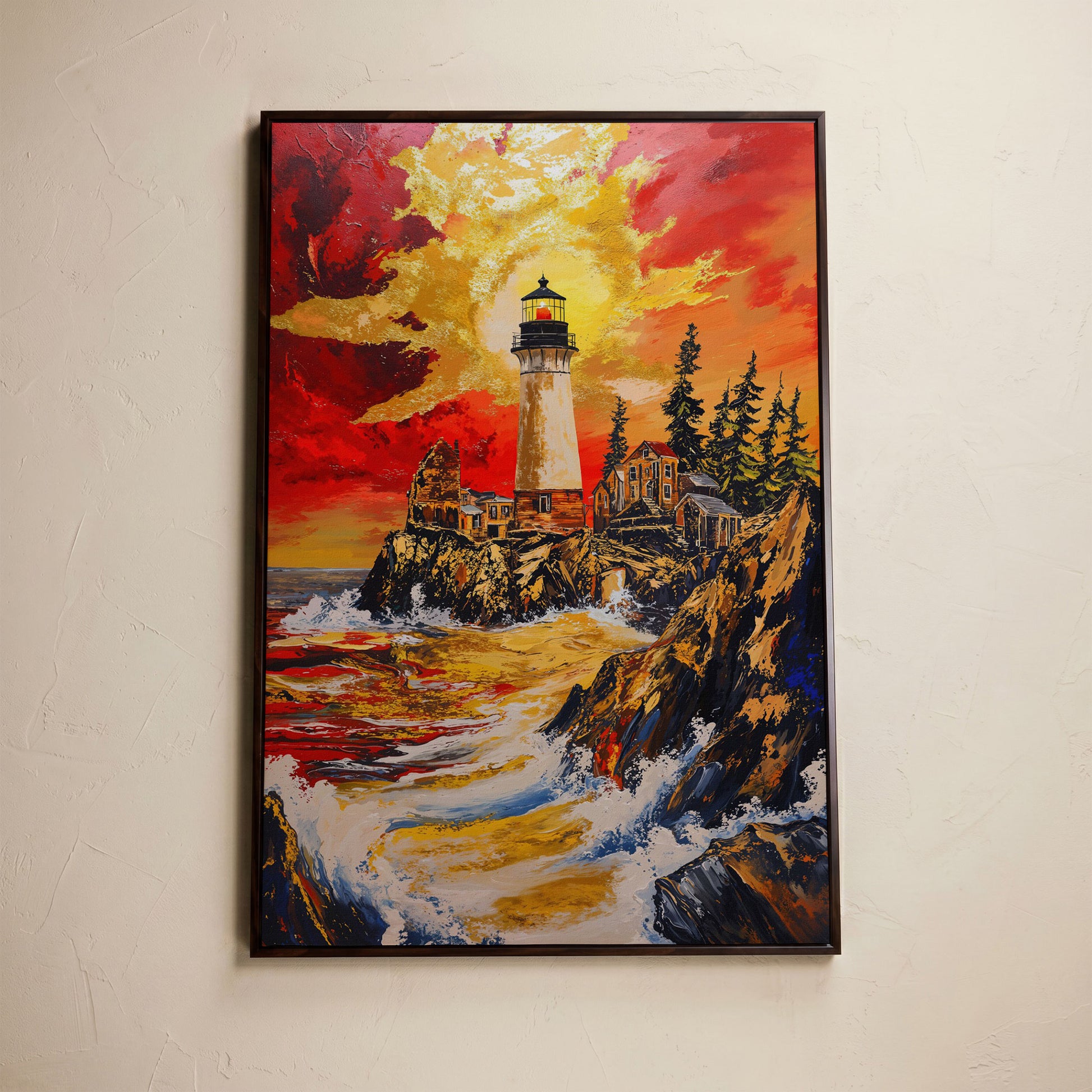 Lighthouse on Rocky Cliffs at Sunset. Ocean Canvas Wall Art in dark walnut floating frame