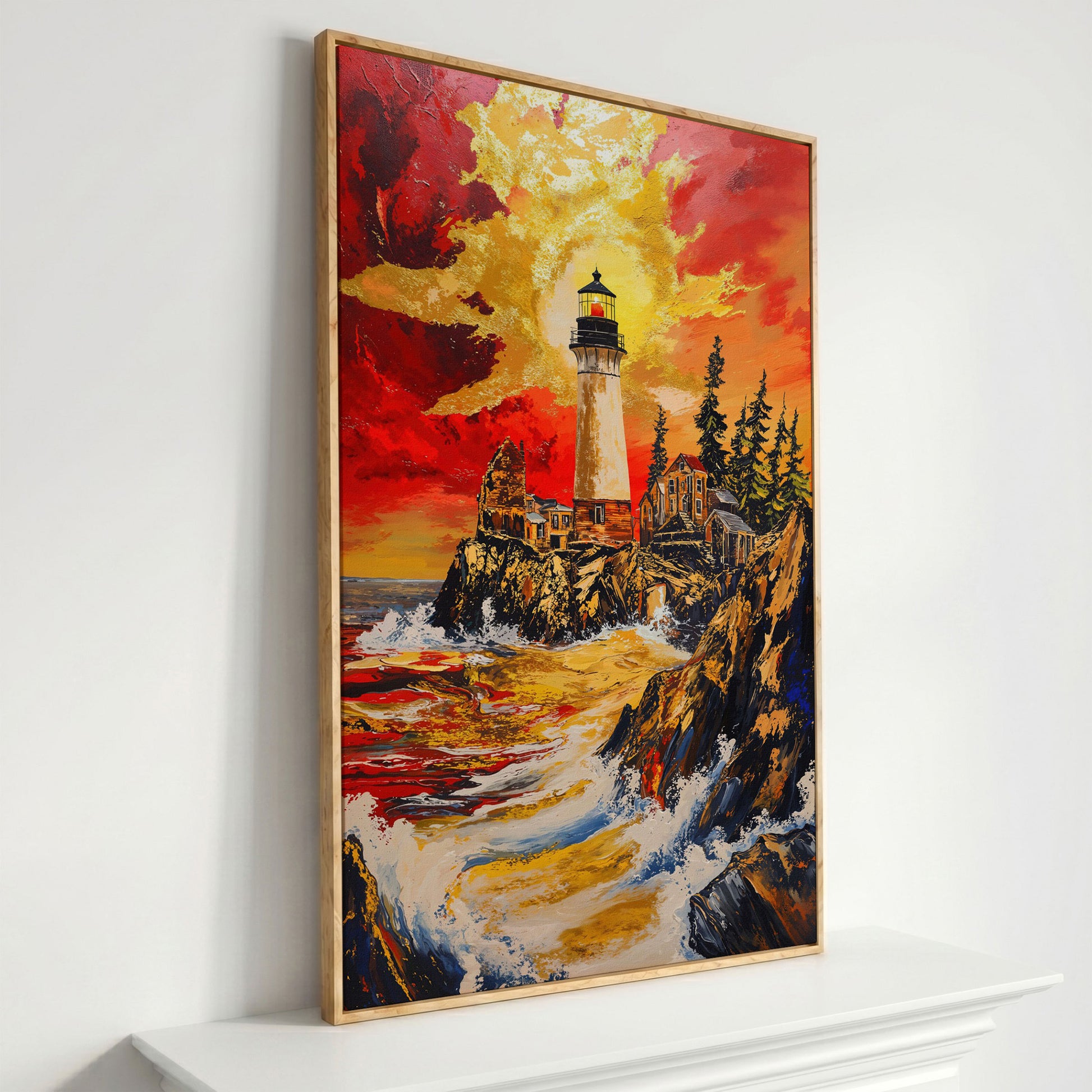 Lighthouse on Rocky Cliffs at Sunset. Ocean Canvas Wall Art in white oak floating frame