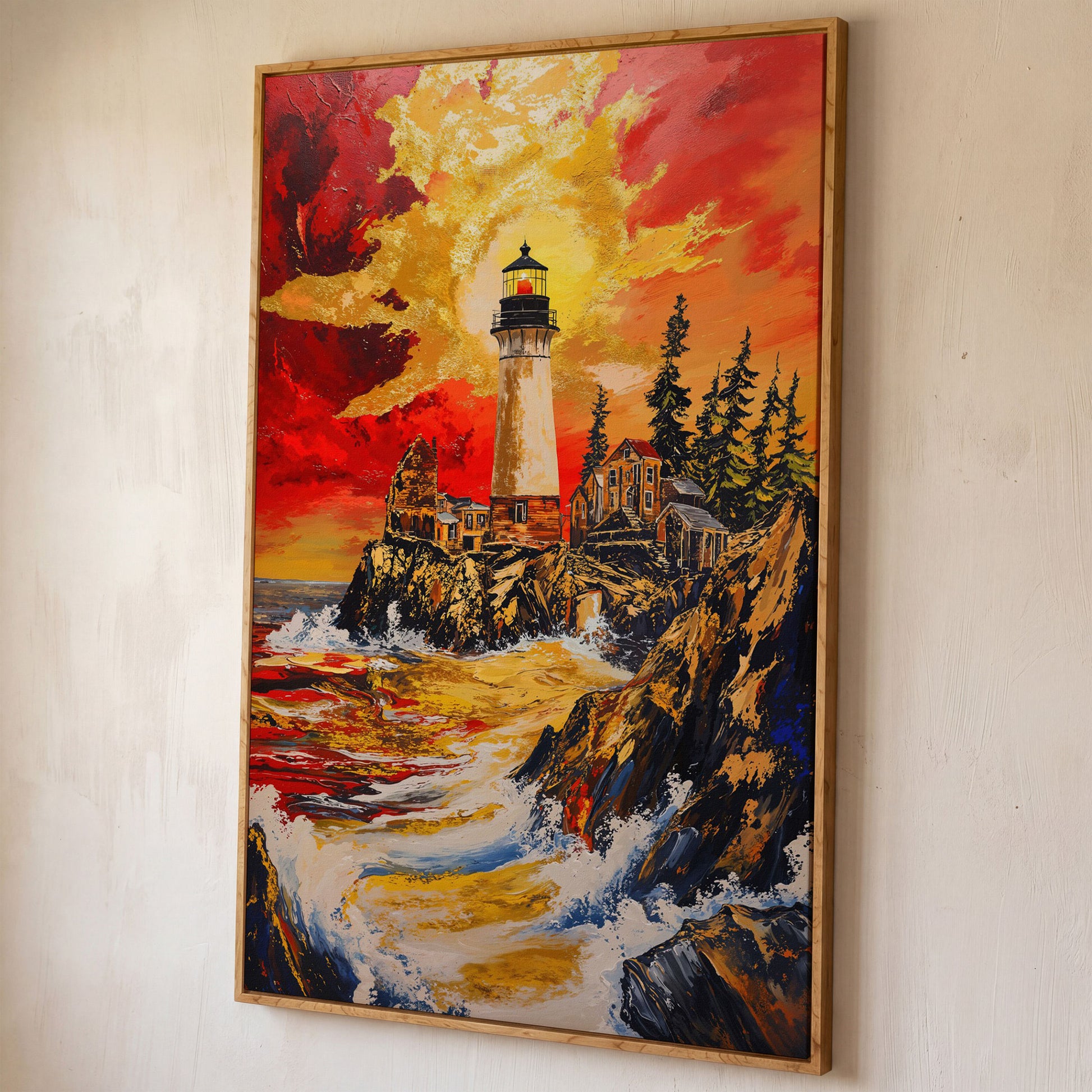 Lighthouse on Rocky Cliffs at Sunset. Ocean Canvas Wall Art shown in white oak floating frame