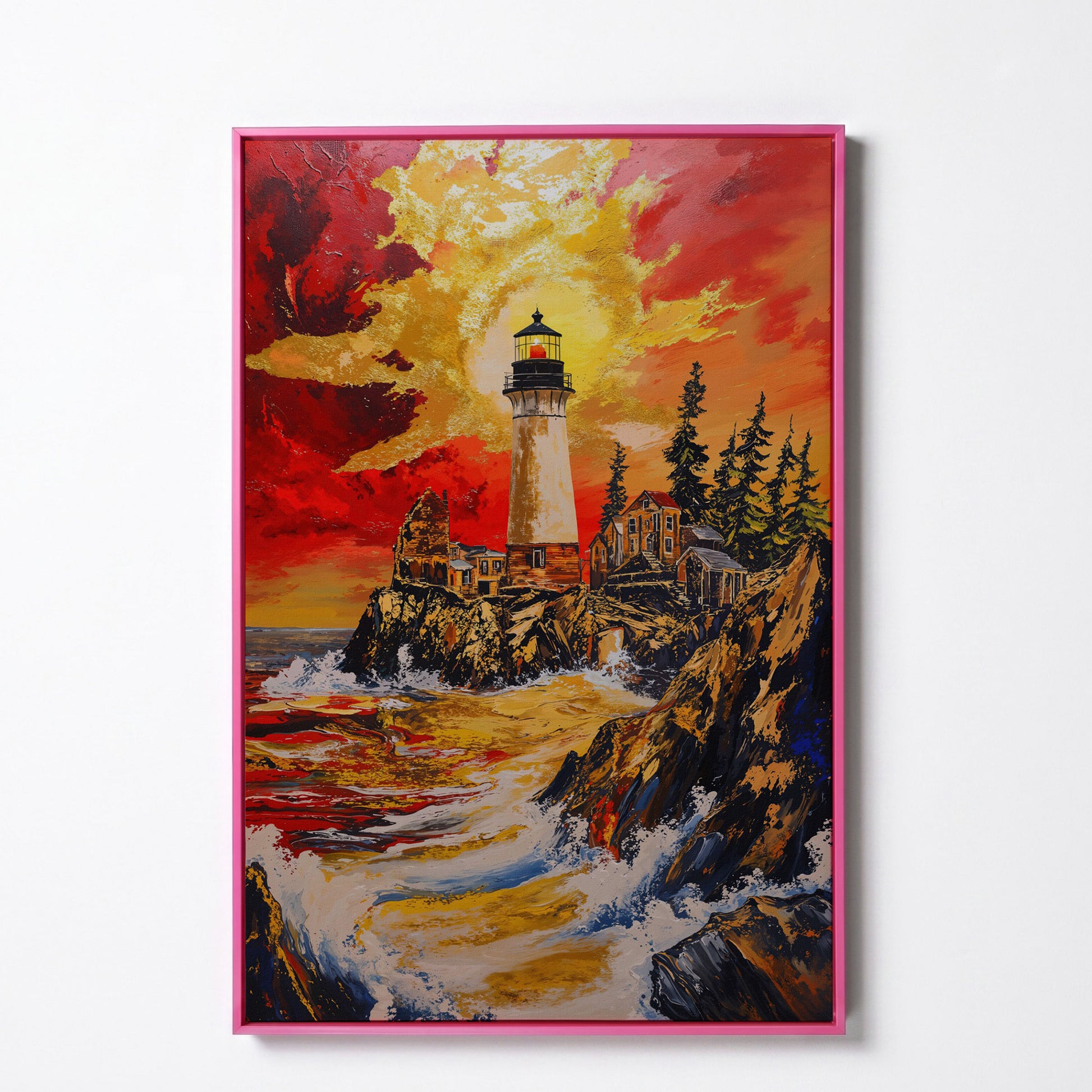Lighthouse on Rocky Cliffs at Sunset. Ocean Canvas Wall Art in pink floating frame