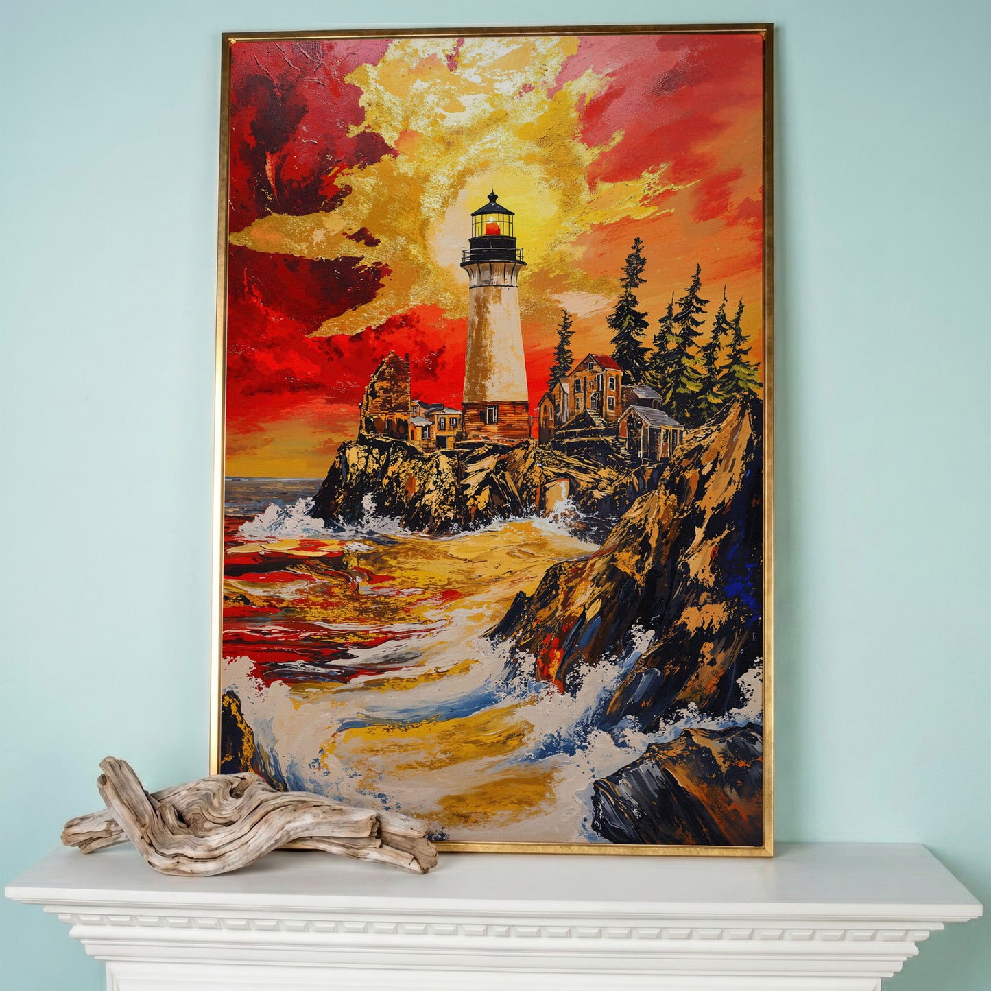 Lighthouse on Rocky Cliffs at Sunset. Ocean Canvas Wall Art in rose gold floating frame