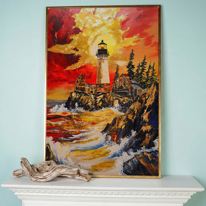 Lighthouse on Rocky Cliffs at Sunset. Ocean Canvas Wall Art in rose gold floating frame