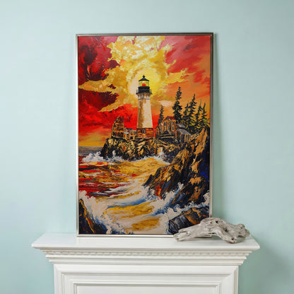 Lighthouse on Rocky Cliffs at Sunset. Ocean Canvas Wall Art in silver floating frame