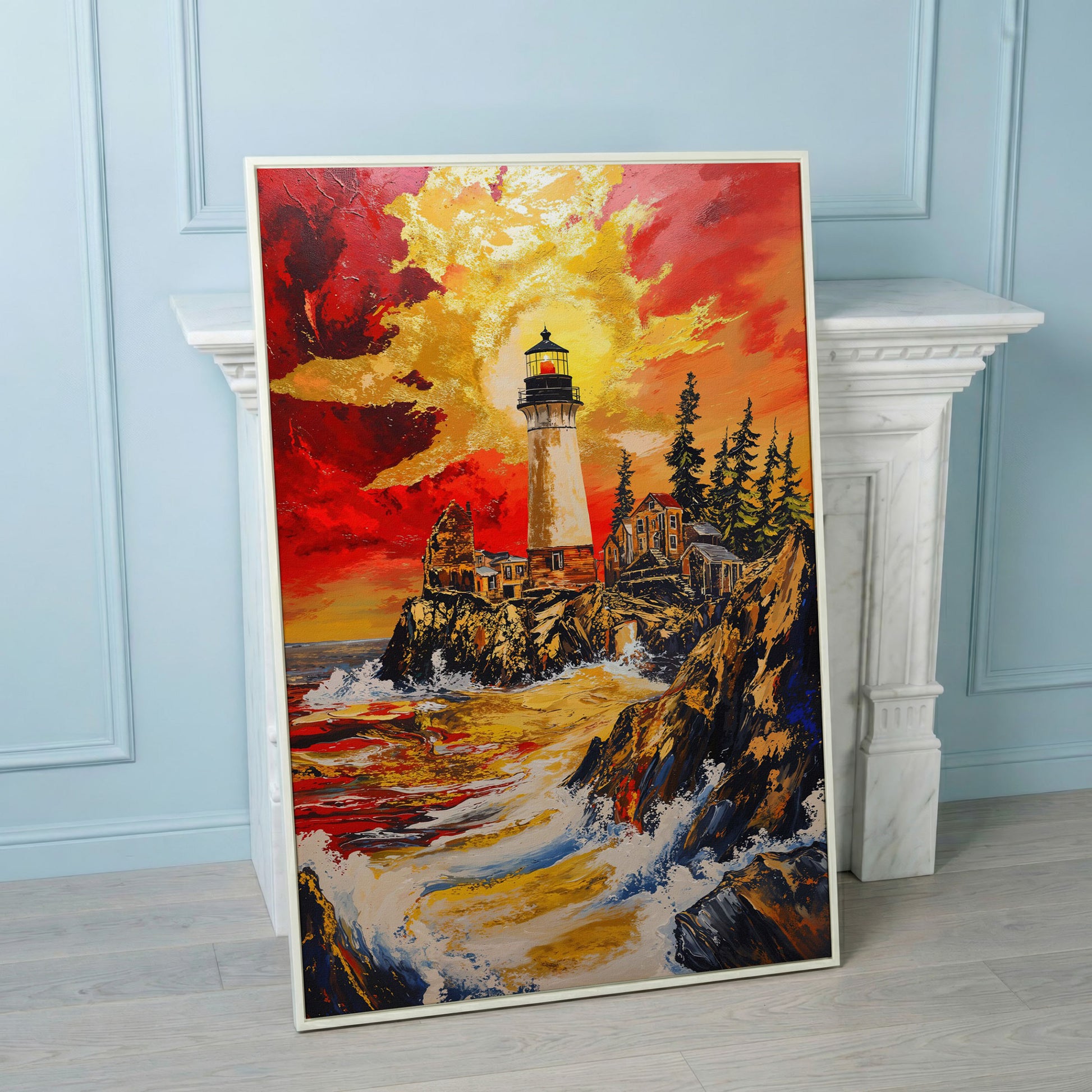 Lighthouse on Rocky Cliffs at Sunset. Ocean Canvas Wall Art in white floating frame