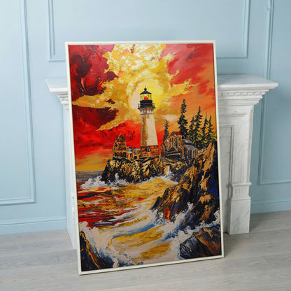 Lighthouse on Rocky Cliffs at Sunset. Ocean Canvas Wall Art in white floating frame