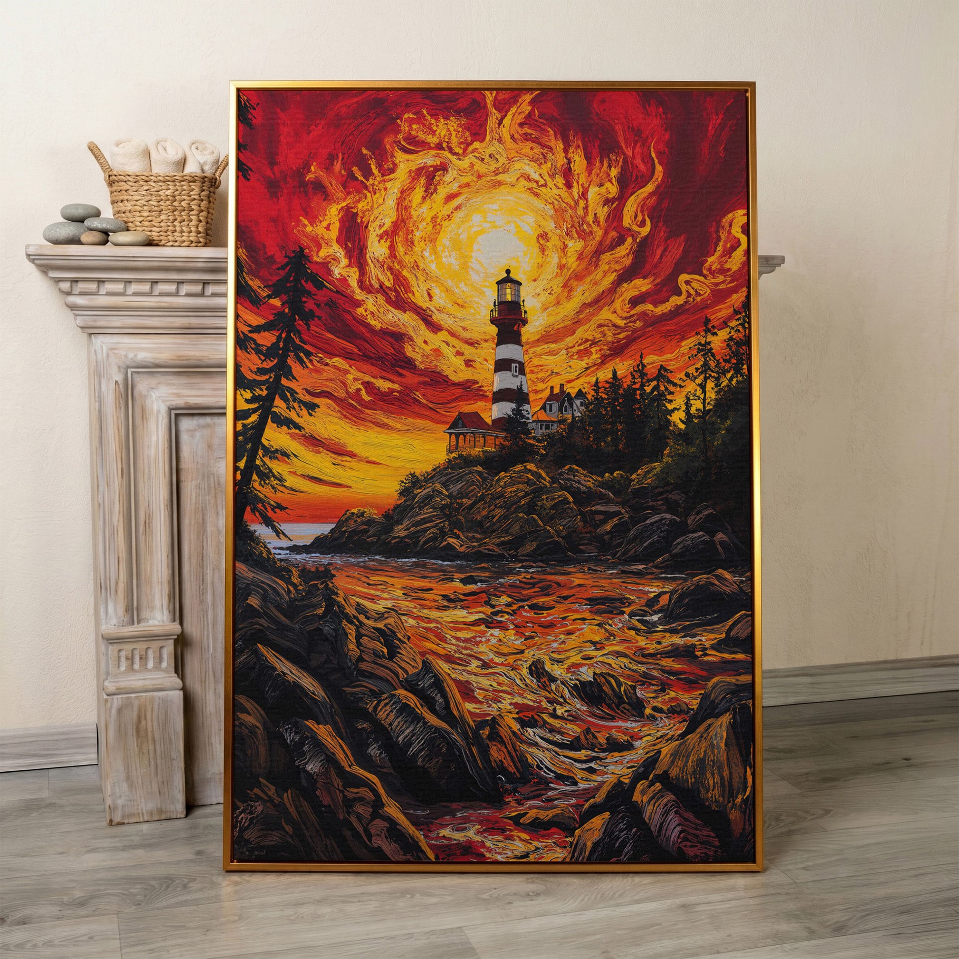 Lighthouse at Sunset Canvas Print, Rocky Coastline Wall Art in antique gold floating frame