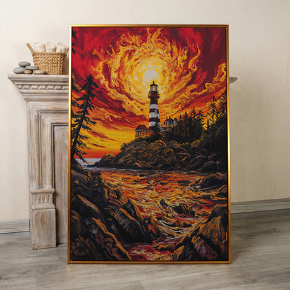 Lighthouse at Sunset Canvas Print, Rocky Coastline Wall Art in antique gold floating frame