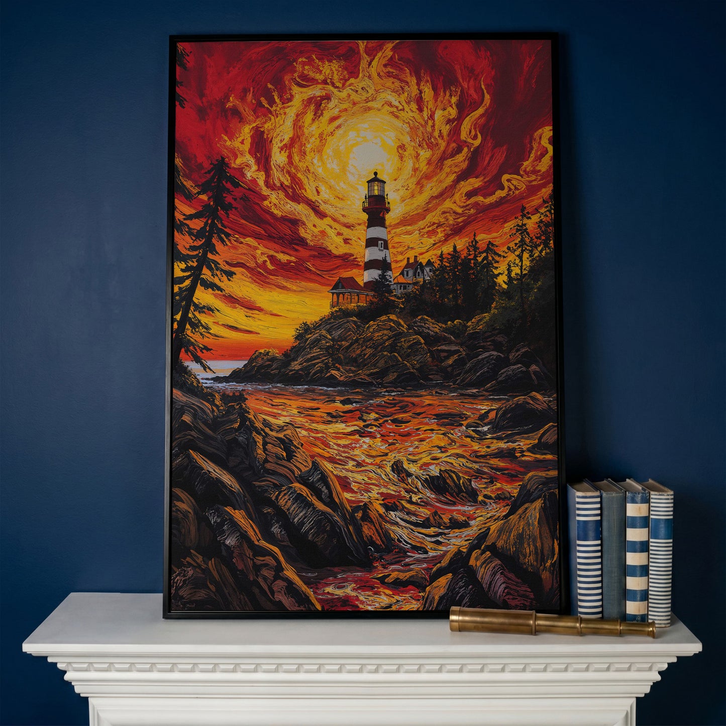 Lighthouse at Sunset Canvas Print, Rocky Coastline Wall Art in black floating frame