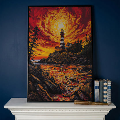 Lighthouse at Sunset Canvas Print, Rocky Coastline Wall Art in black floating frame