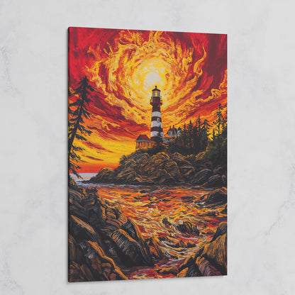 Lighthouse at Sunset Canvas Print, Rocky Coastline Wall Art on gallery wrap