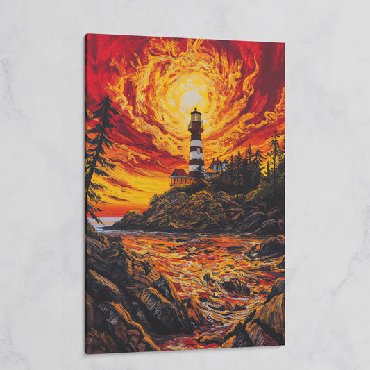 Lighthouse at Sunset Canvas Print, Rocky Coastline Wall Art on gallery wrap