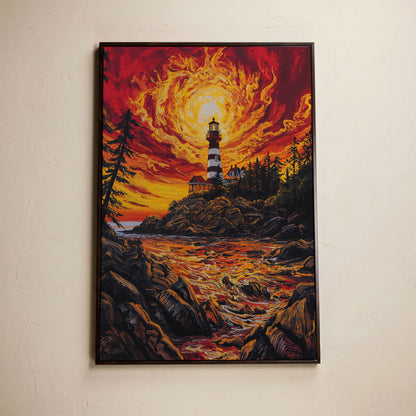 Lighthouse at Sunset Canvas Print, Rocky Coastline Wall Art in dark walnut floating frame