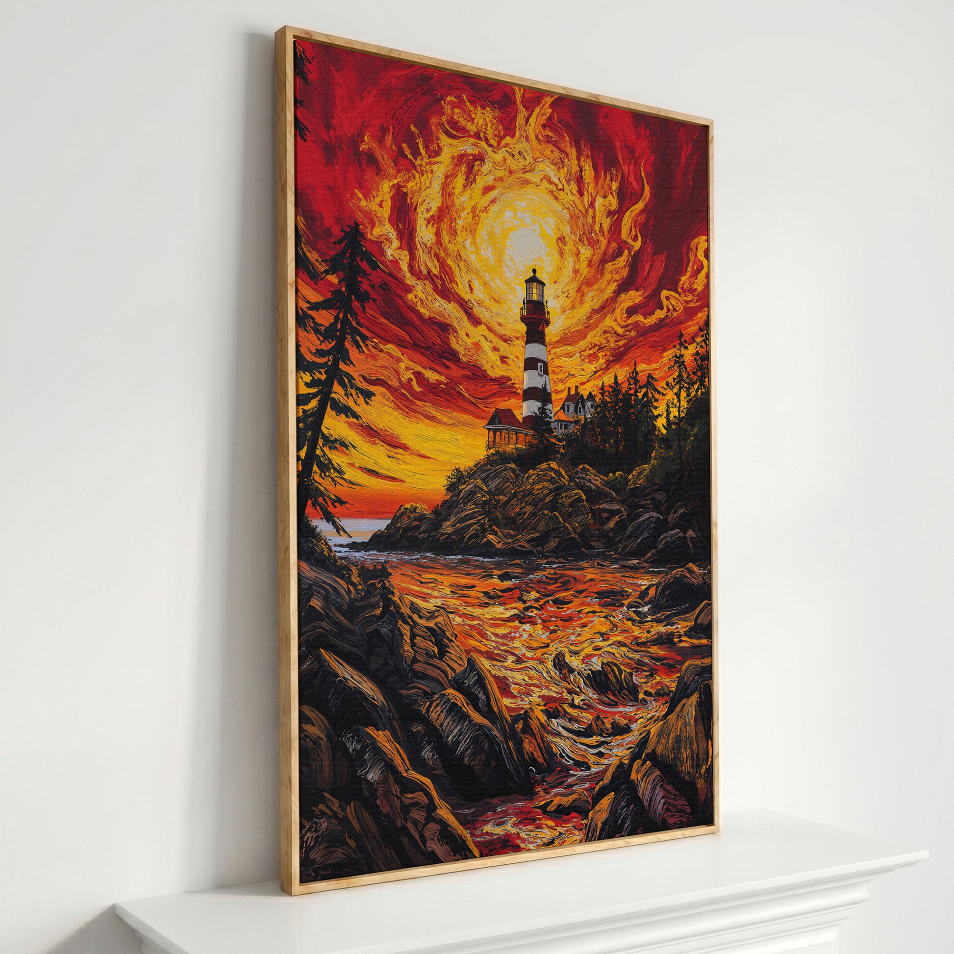 Lighthouse at Sunset Canvas Print, Rocky Coastline Wall Art in white oak floating frame