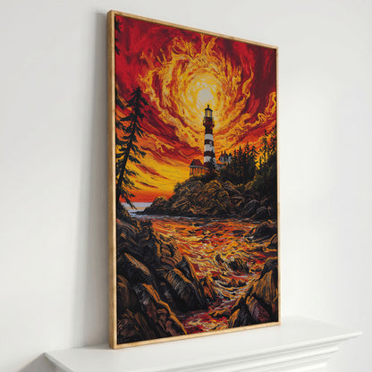 Lighthouse at Sunset Canvas Print, Rocky Coastline Wall Art in white oak floating frame