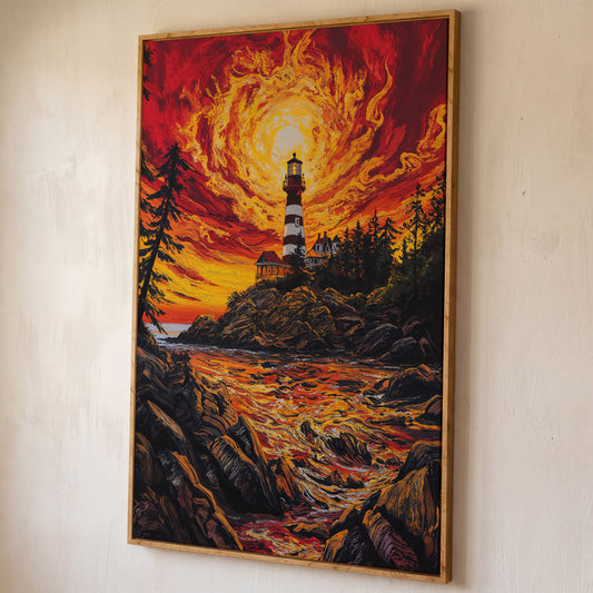 Lighthouse at Sunset Canvas Print, Rocky Coastline Wall Art shown in white oak floating frame