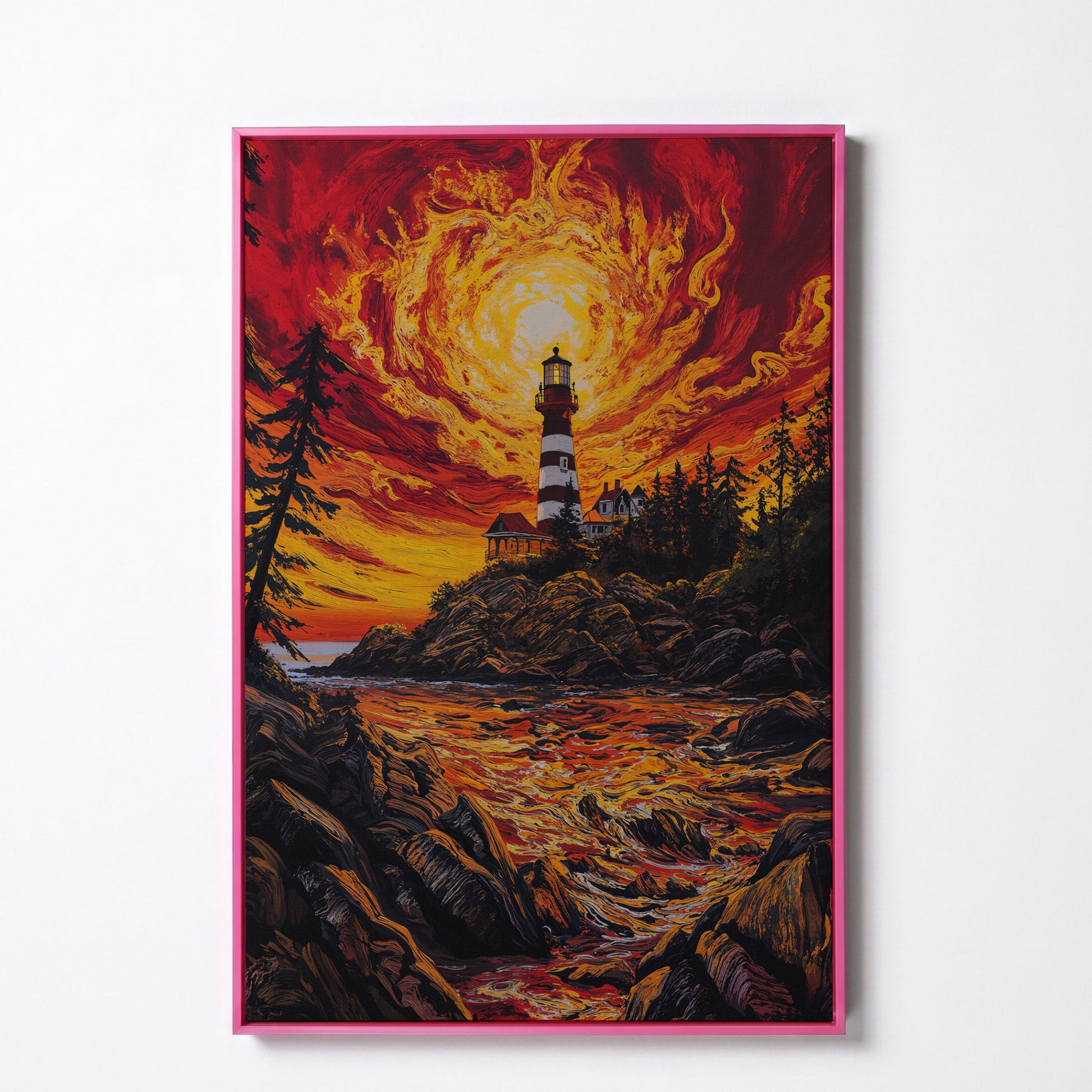 Lighthouse at Sunset Canvas Print, Rocky Coastline Wall Art in pink floating frame