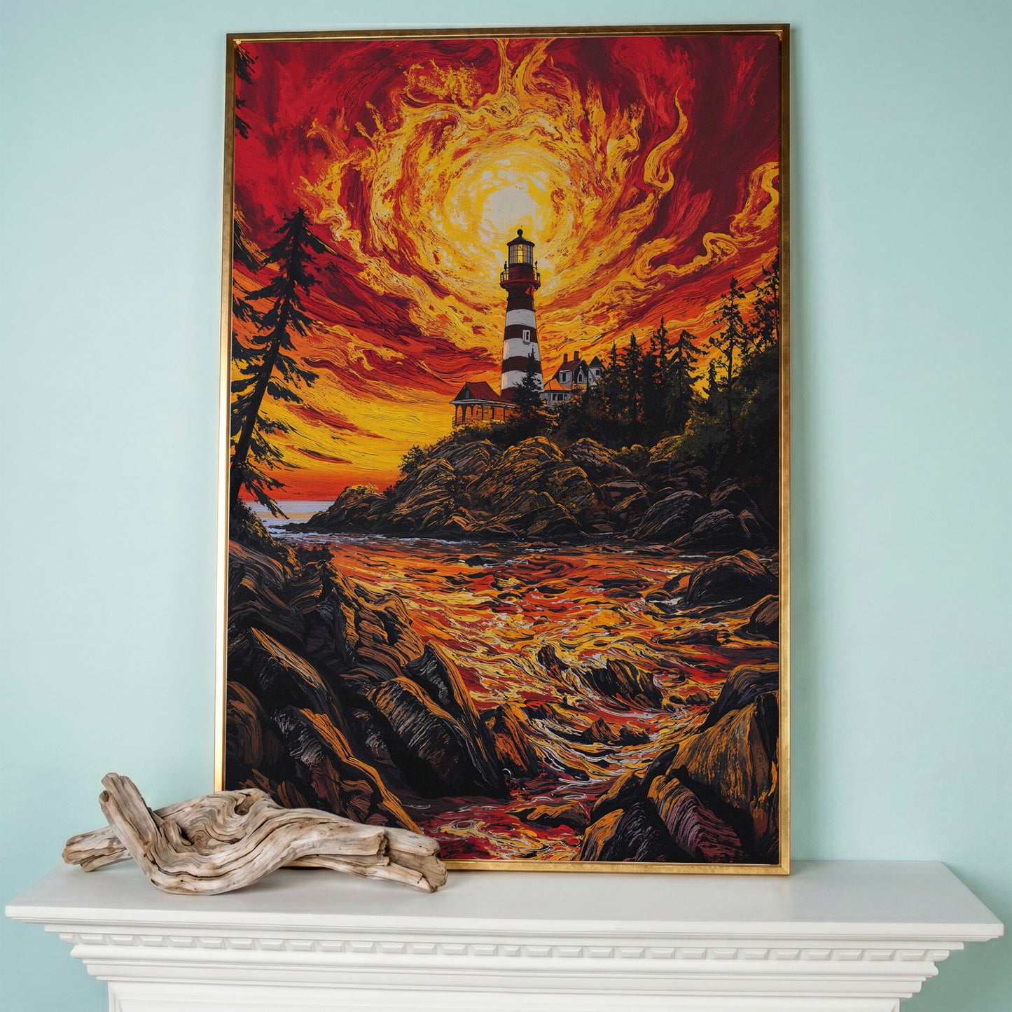 Lighthouse at Sunset Canvas Print, Rocky Coastline Wall Art in rose gold floating frame