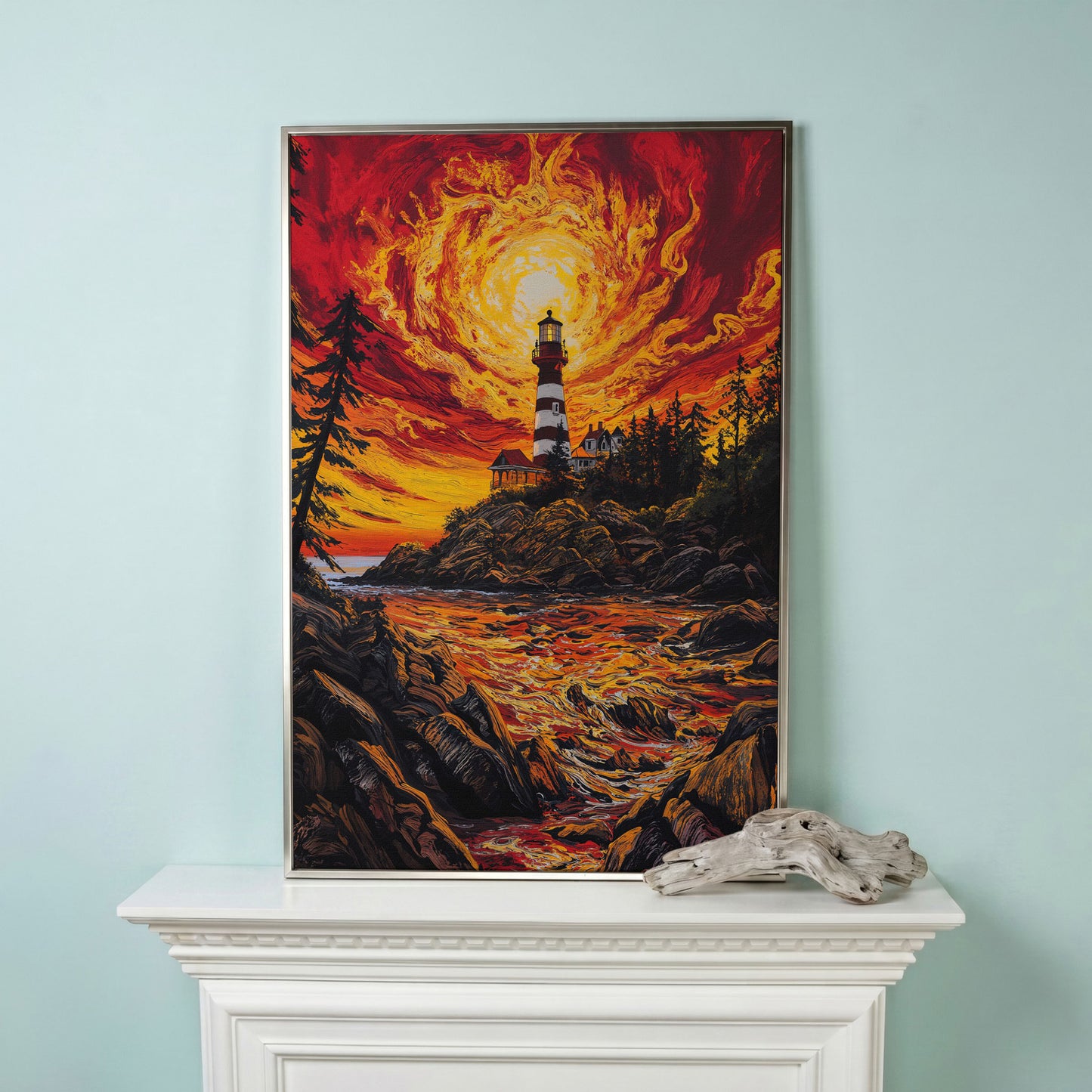 Lighthouse at Sunset Canvas Print, Rocky Coastline Wall Art in silver floating frame