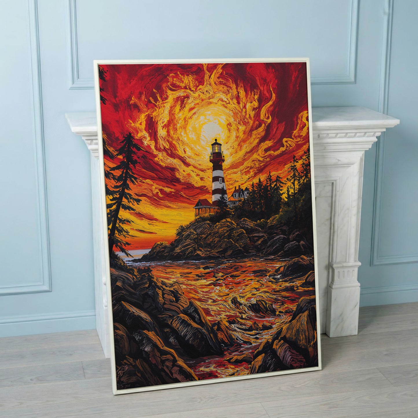 Lighthouse at Sunset Canvas Print, Rocky Coastline Wall Art in white floating frame