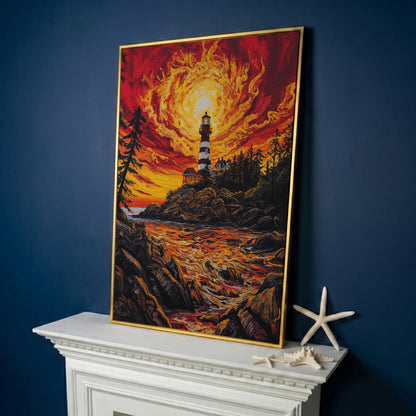 Lighthouse at Sunset Canvas Print, Rocky Coastline Wall Art in yellow gold floating frame