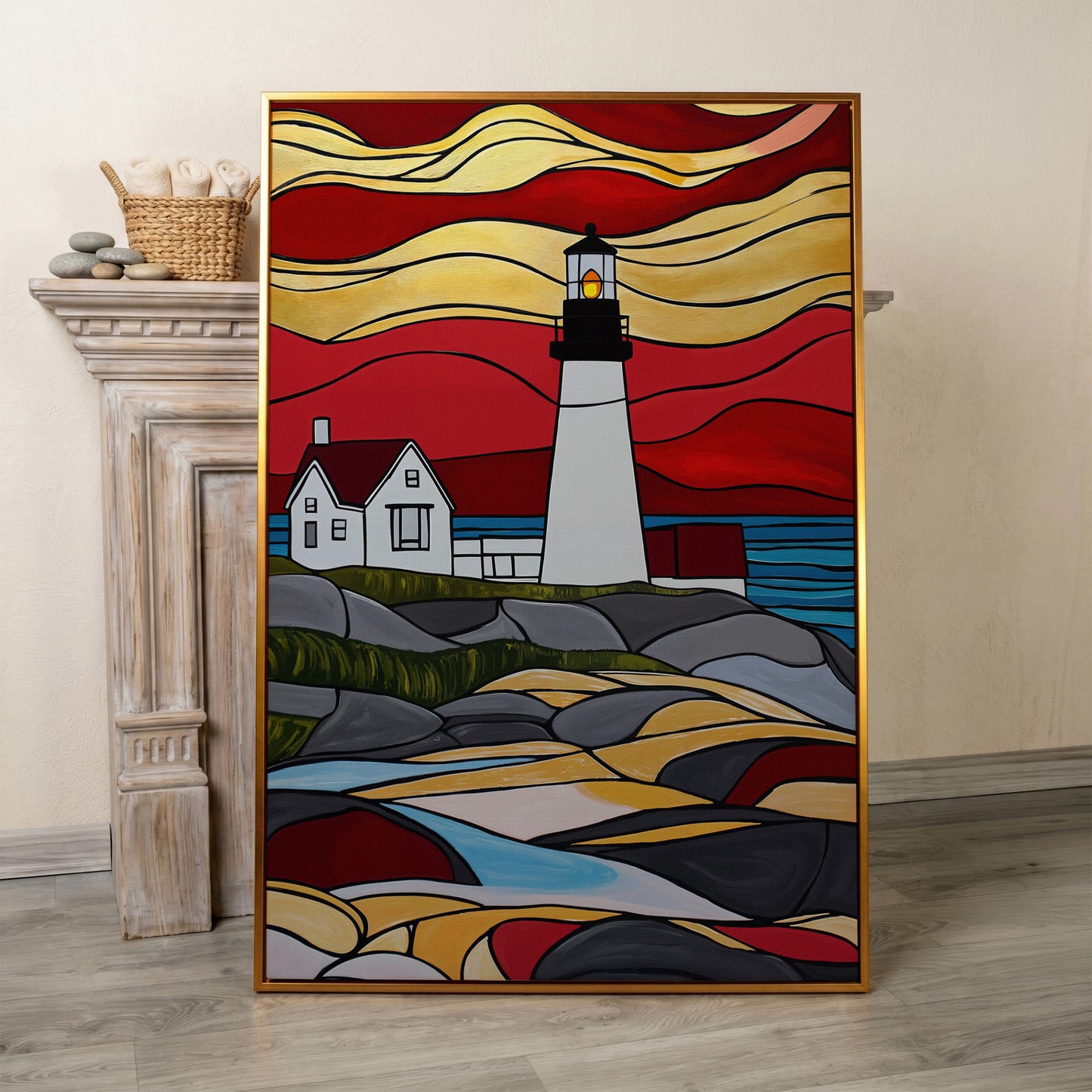 Lighthouse on Rocky Coast Canvas Art, Stylized Seascape in antique gold floating frame