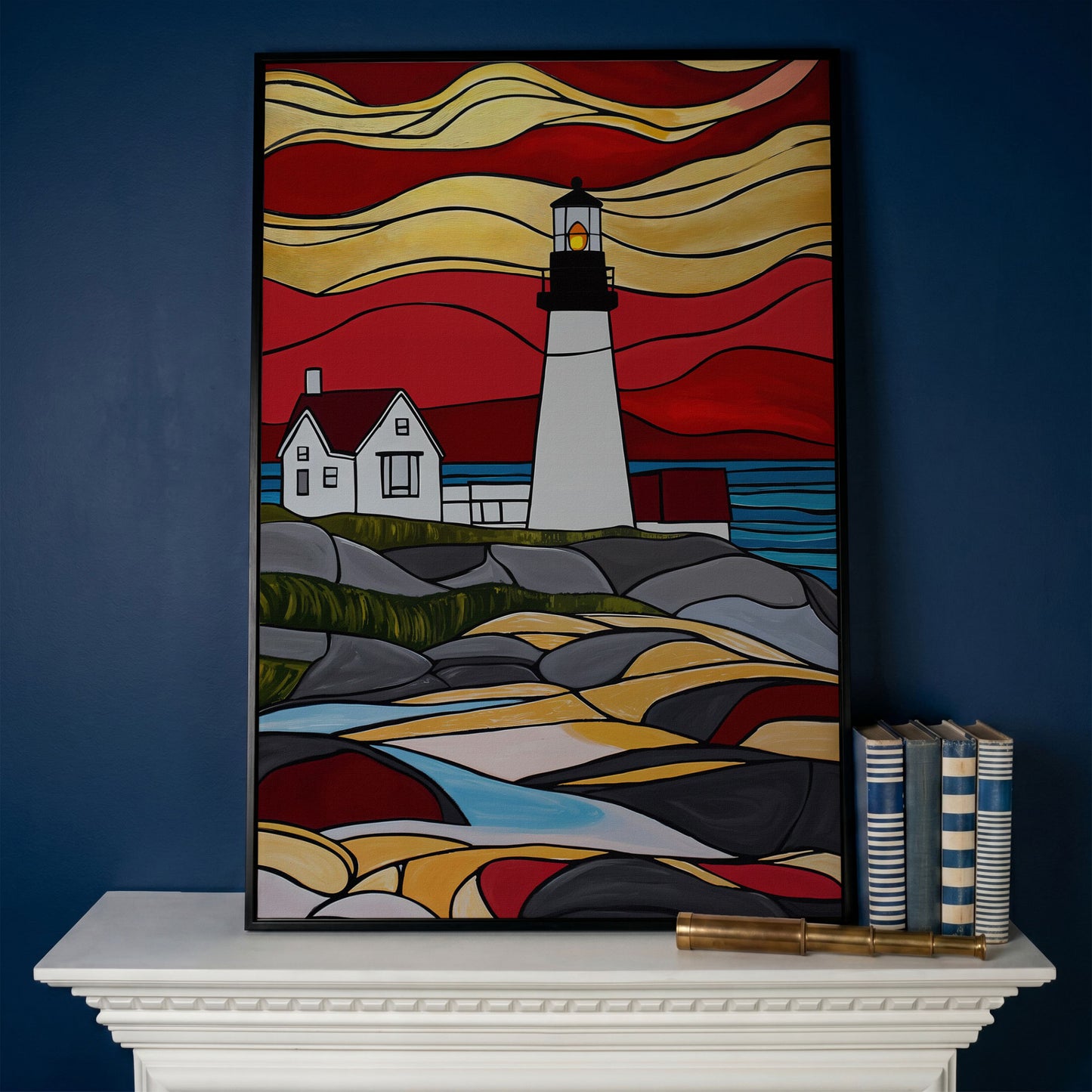 Lighthouse on Rocky Coast Canvas Art, Stylized Seascape in black floating frame