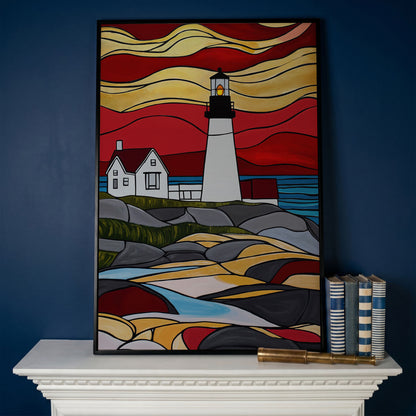 Lighthouse on Rocky Coast Canvas Art, Stylized Seascape in black floating frame