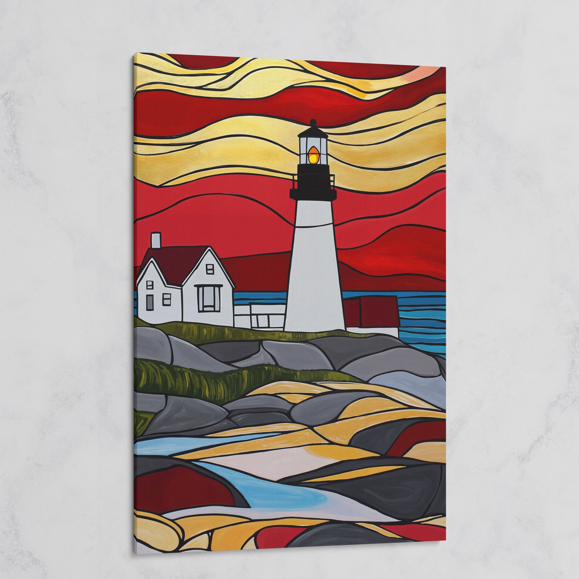 Lighthouse on Rocky Coast Canvas Art, Stylized Seascape on gallery wrap