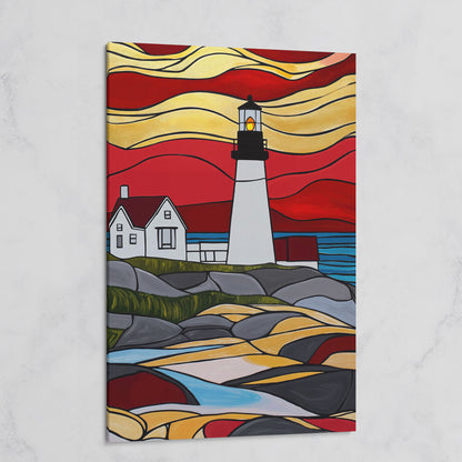 Lighthouse on Rocky Coast Canvas Art, Stylized Seascape on gallery wrap