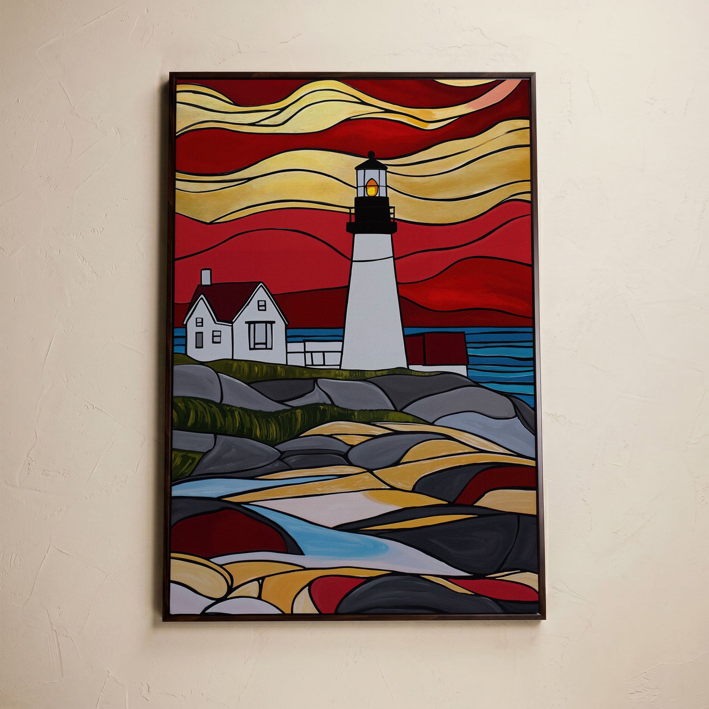 Lighthouse on Rocky Coast Canvas Art, Stylized Seascape in dark walnut floating frame