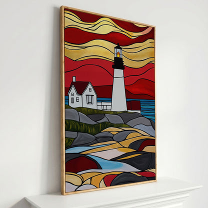 Lighthouse on Rocky Coast Canvas Art, Stylized Seascape in white oak floating frame