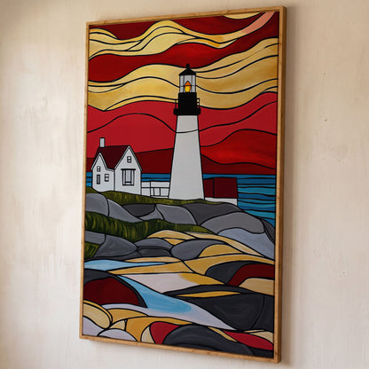 Lighthouse on Rocky Coast Canvas Art, Stylized Seascape shown in white oak floating frame