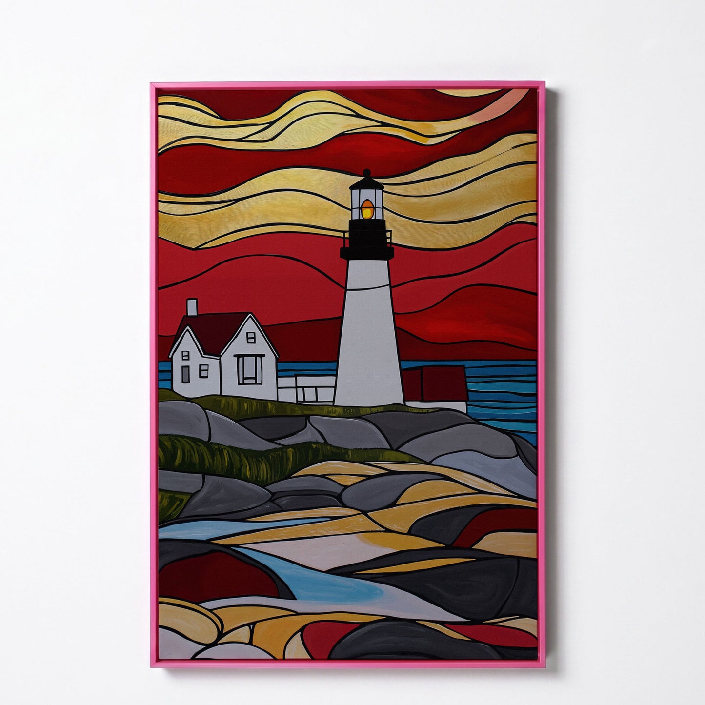 Lighthouse on Rocky Coast Canvas Art, Stylized Seascape in pink floating frame
