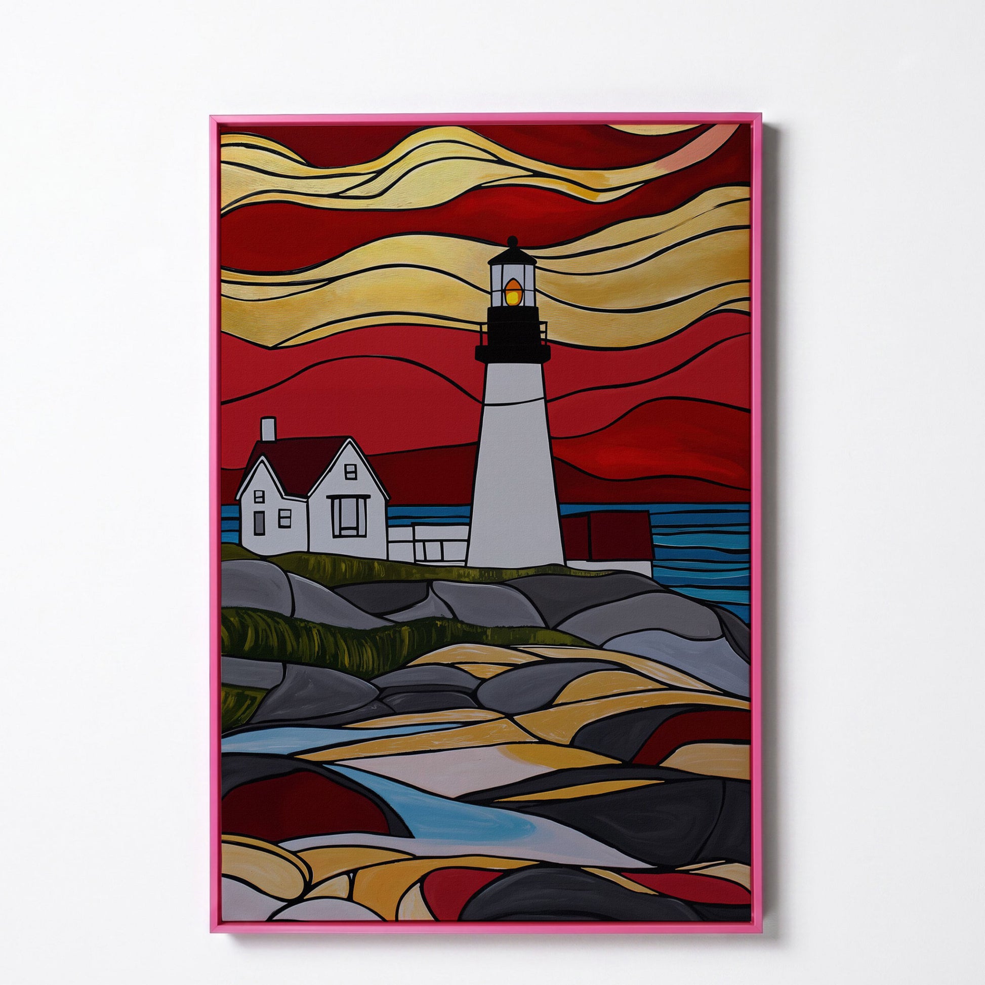 Lighthouse on Rocky Coast Canvas Art, Stylized Seascape in pink floating frame
