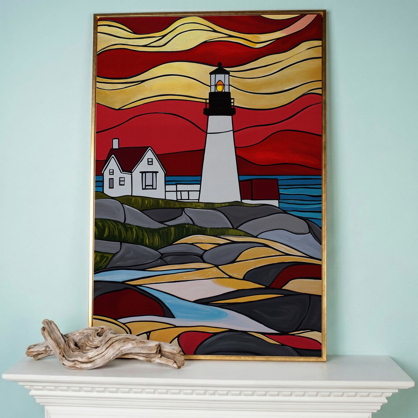 Lighthouse on Rocky Coast Canvas Art, Stylized Seascape in rose gold floating frame