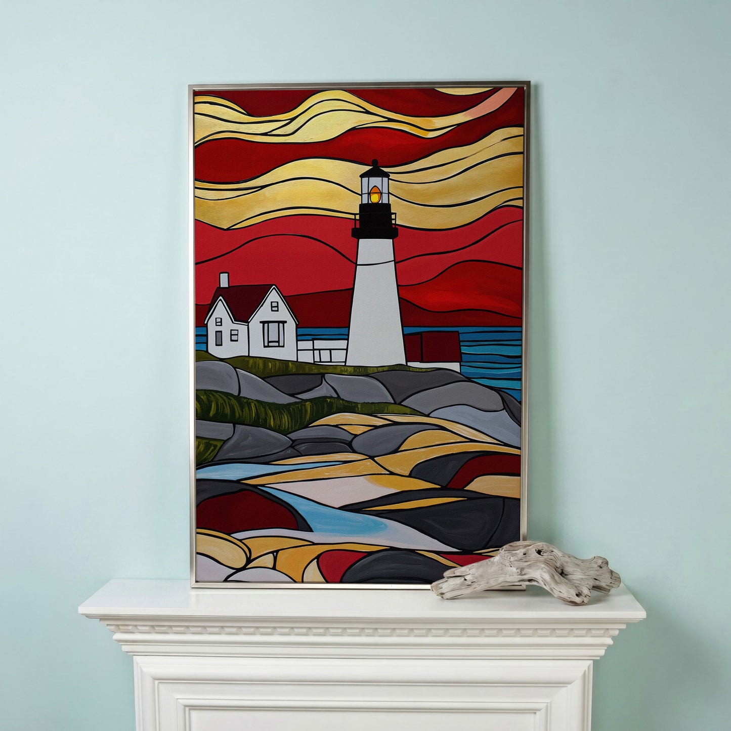 Lighthouse on Rocky Coast Canvas Art, Stylized Seascape in silver floating frame