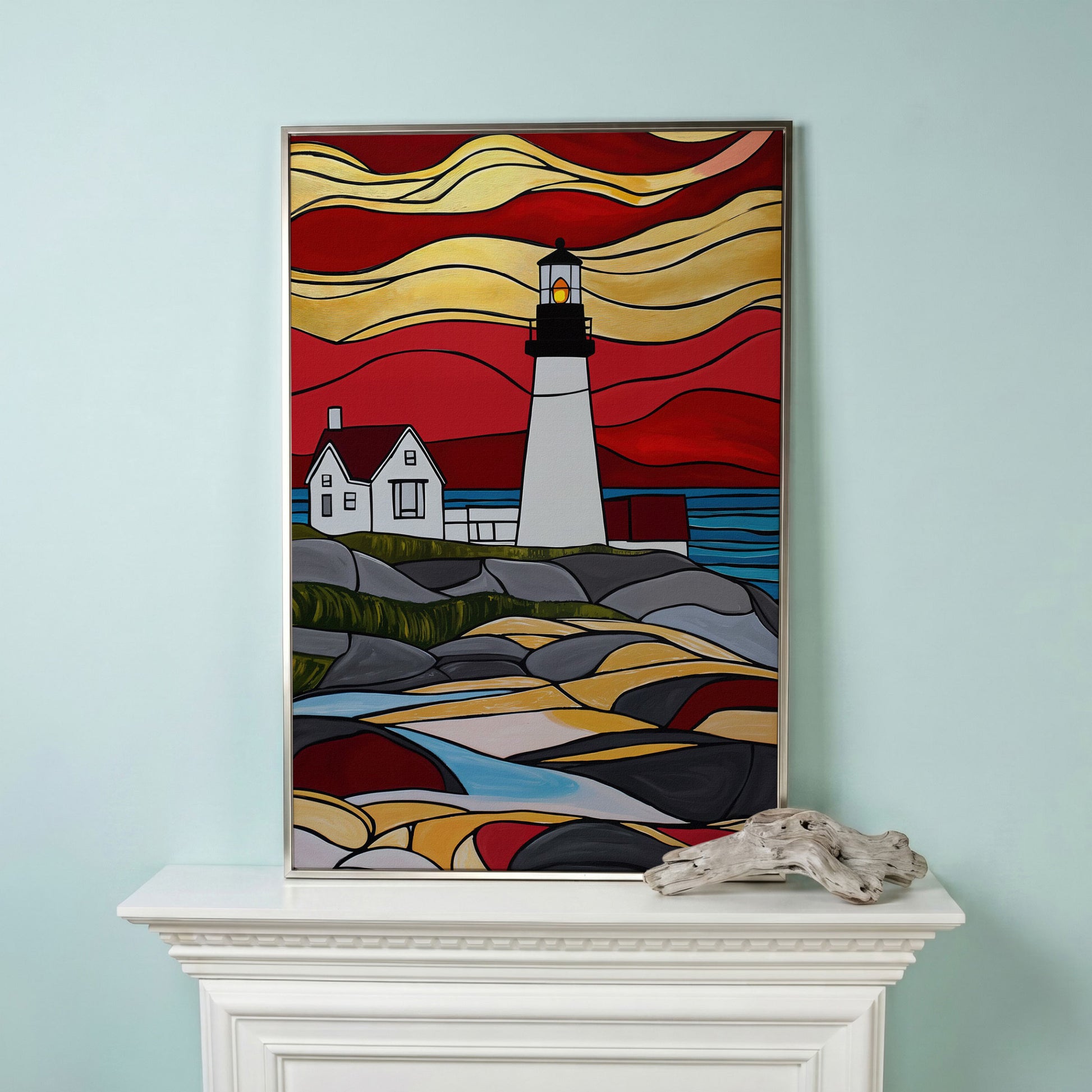 Lighthouse on Rocky Coast Canvas Art, Stylized Seascape in silver floating frame