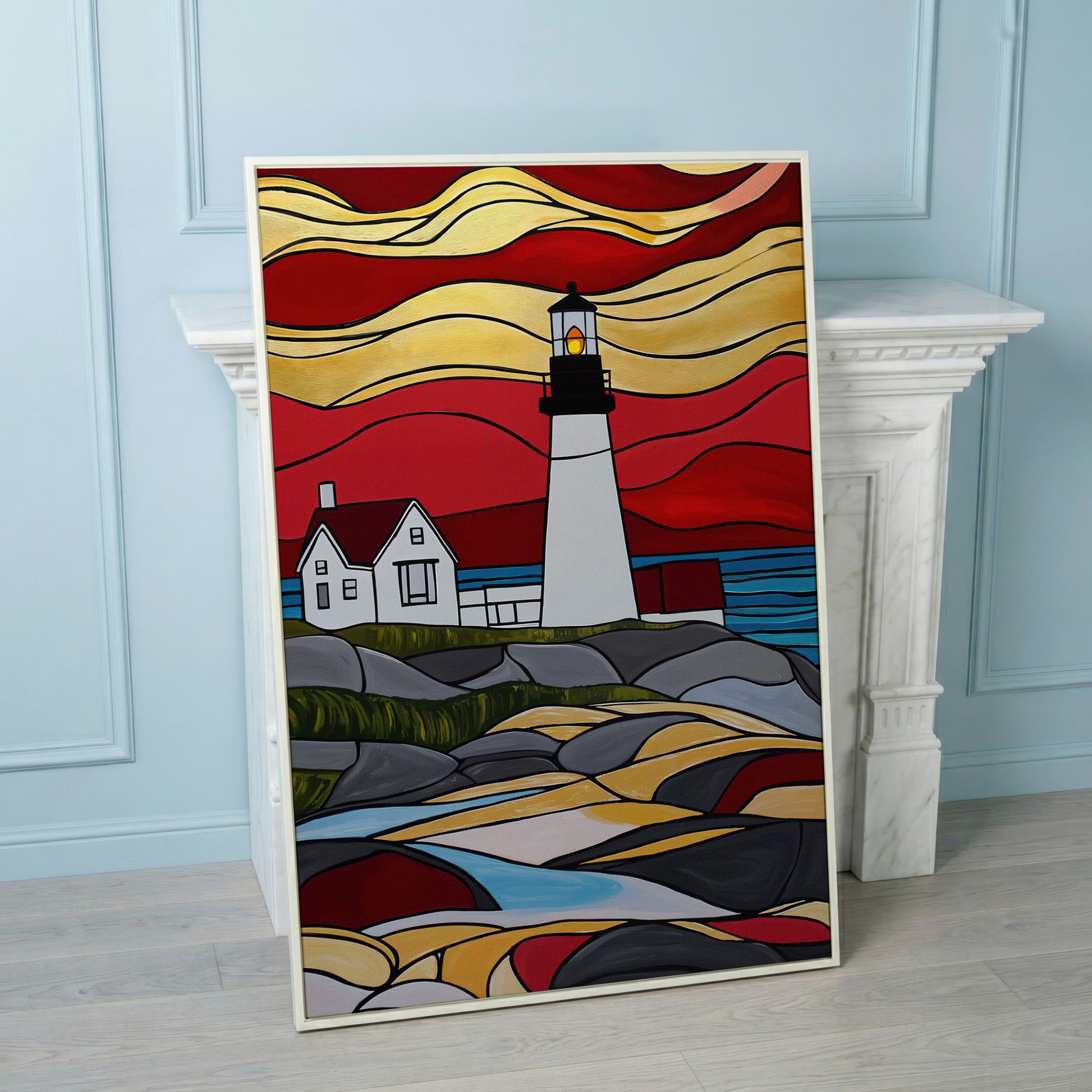 Lighthouse on Rocky Coast Canvas Art, Stylized Seascape in white floating frame