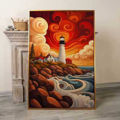 Lighthouse at Sunset Canvas Art, Rocky Coastline with Swirling Clouds in antique gold floating frame