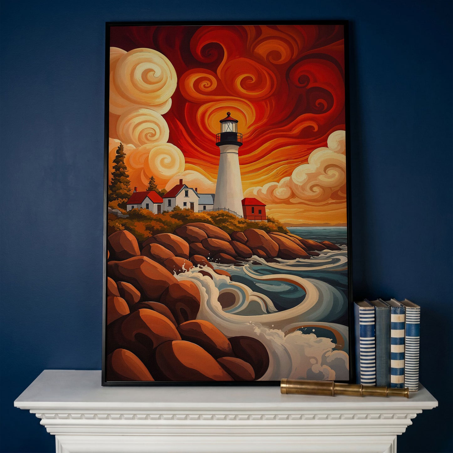Lighthouse at Sunset Canvas Art, Rocky Coastline with Swirling Clouds in black floating frame