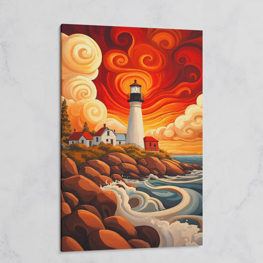 Lighthouse at Sunset Canvas Art, Rocky Coastline with Swirling Clouds on gallery wrap