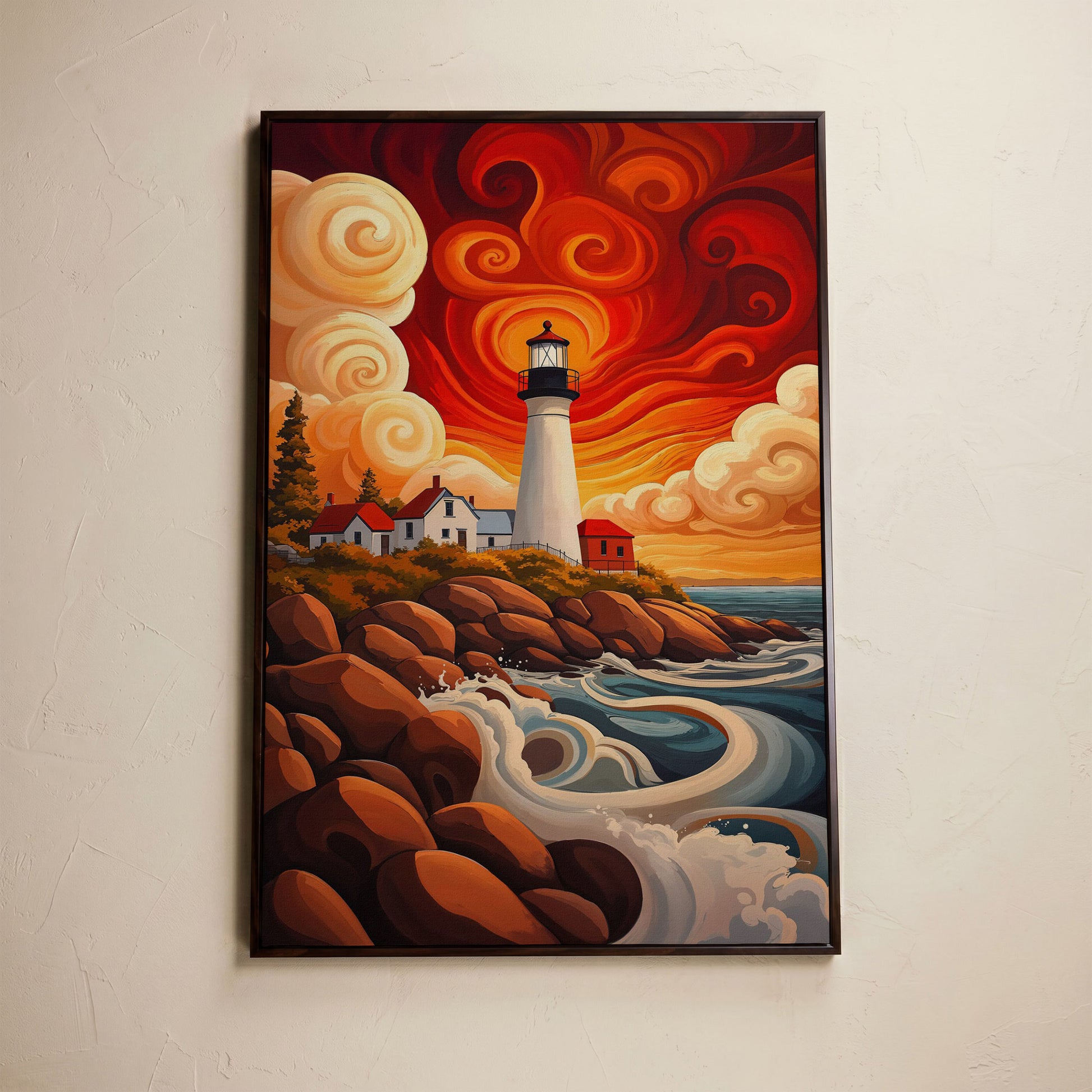 Lighthouse at Sunset Canvas Art, Rocky Coastline with Swirling Clouds in dark walnut floating frame