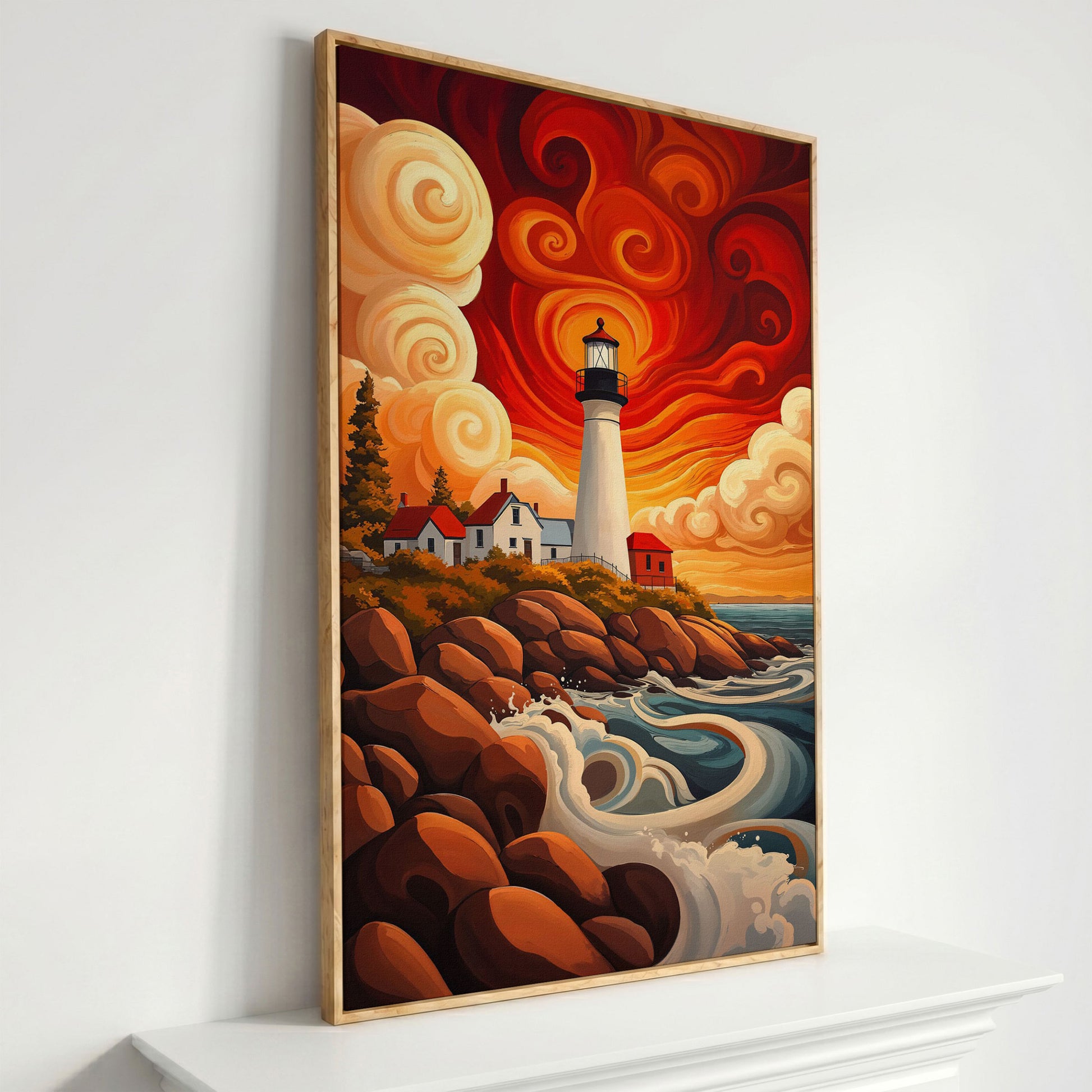 Lighthouse at Sunset Canvas Art, Rocky Coastline with Swirling Clouds in white oak floating frame