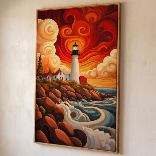 Lighthouse at Sunset Canvas Art, Rocky Coastline with Swirling Clouds shown in white oak floating frame