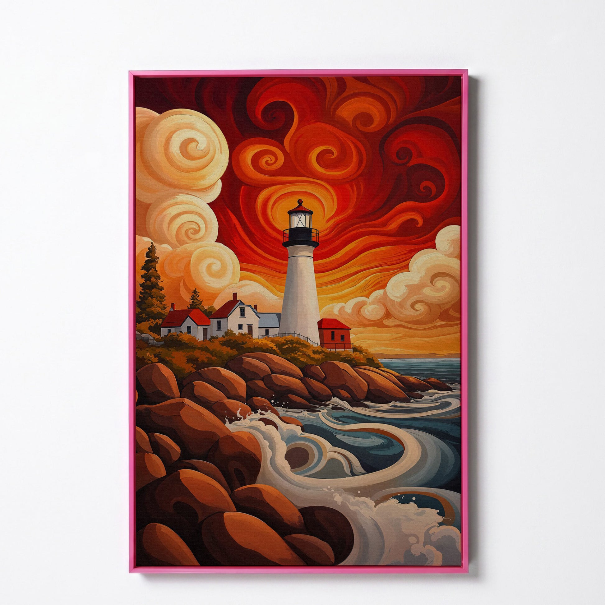 Lighthouse at Sunset Canvas Art, Rocky Coastline with Swirling Clouds in pink floating frame