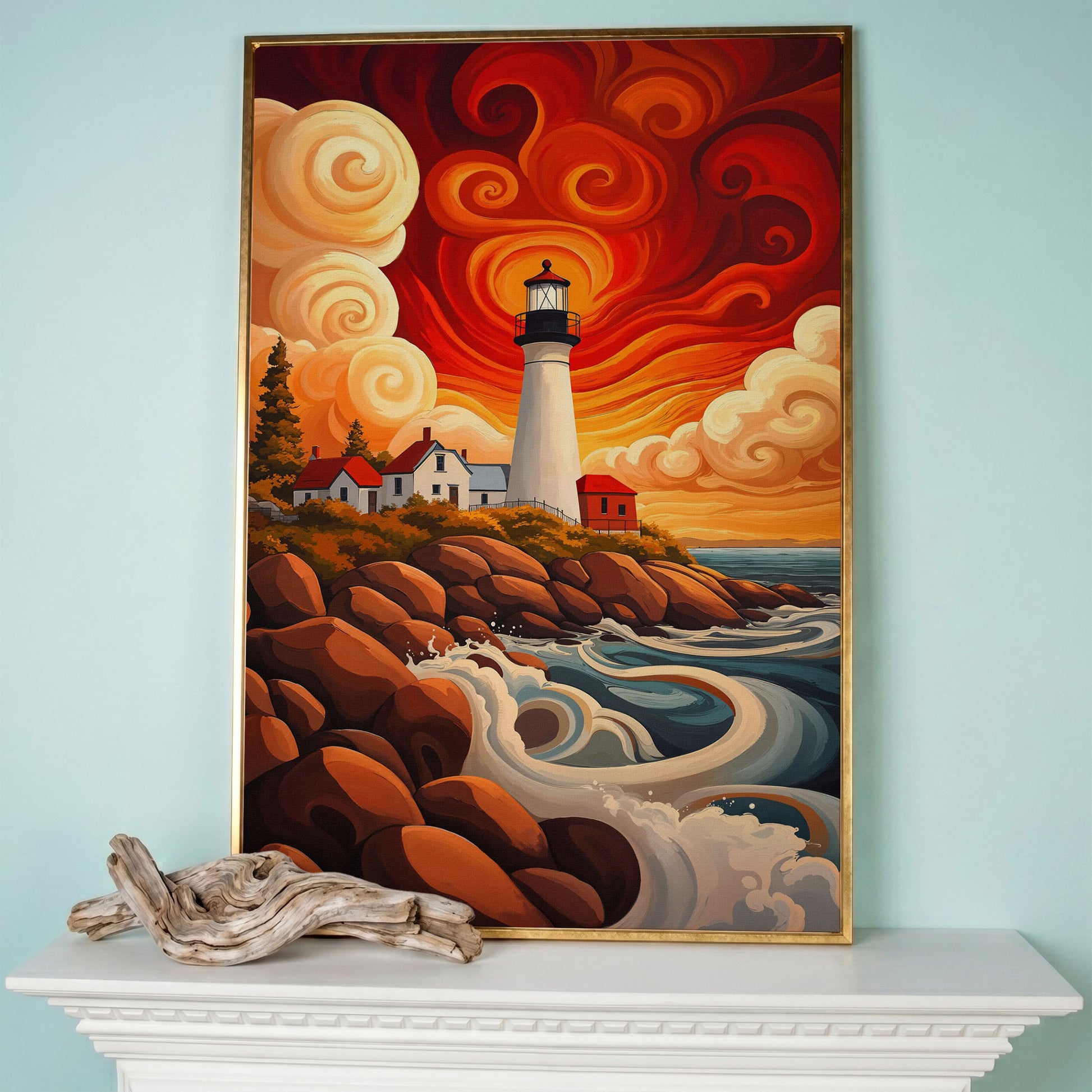 Lighthouse at Sunset Canvas Art, Rocky Coastline with Swirling Clouds in rose gold floating frame
