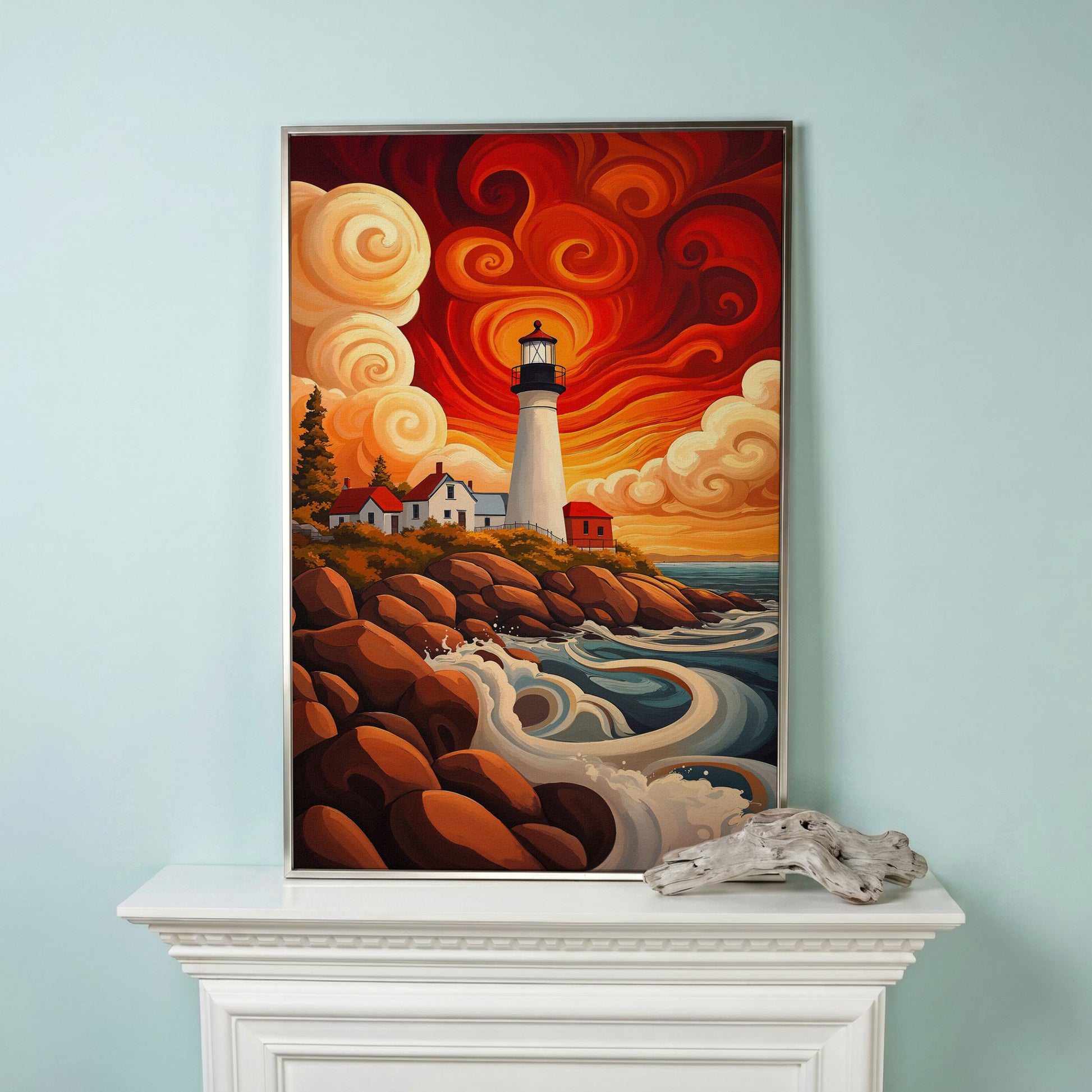 Lighthouse at Sunset Canvas Art, Rocky Coastline with Swirling Clouds in silver floating frame