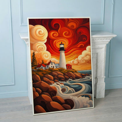 Lighthouse at Sunset Canvas Art, Rocky Coastline with Swirling Clouds in white floating frame