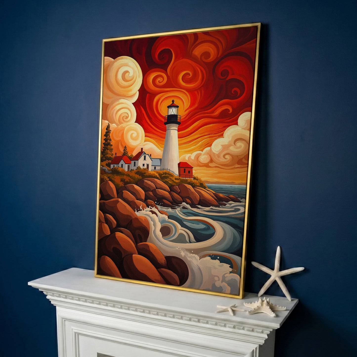 Lighthouse at Sunset Canvas Art, Rocky Coastline with Swirling Clouds in yellow gold floating frame