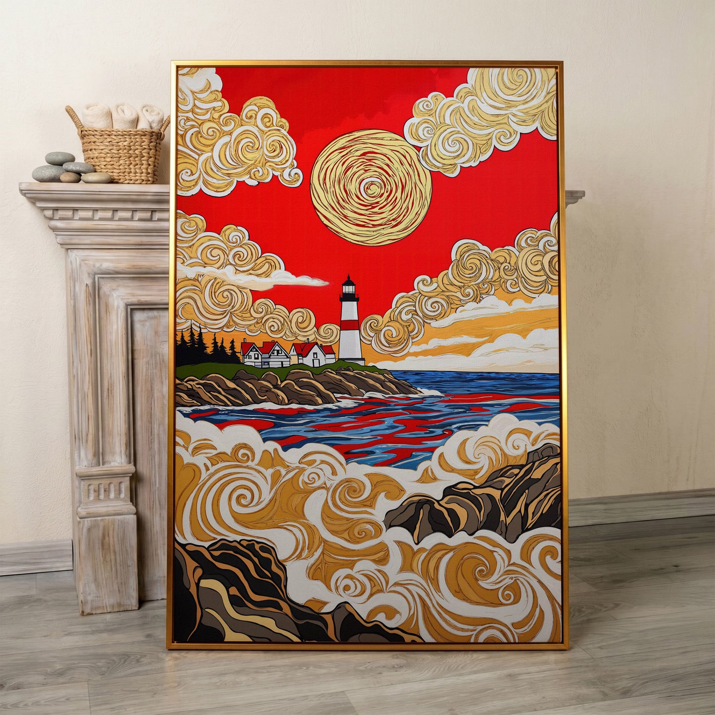 Lighthouse Coast Canvas Art, Vivid Sky and Ocean Rocks Portrait in antique gold floating frame